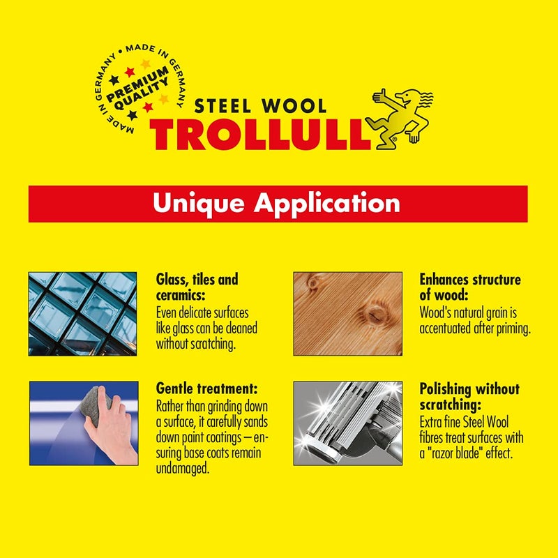 Trollull صوف الصلب TROLLULL | صوف سلكي 200 جرام ناعم جداً 0000 يلمع الخشب المشمع، النحاس، النحاس الأصفر، والأسطح غير اللامعة، ينظف الزجاج - Image 1